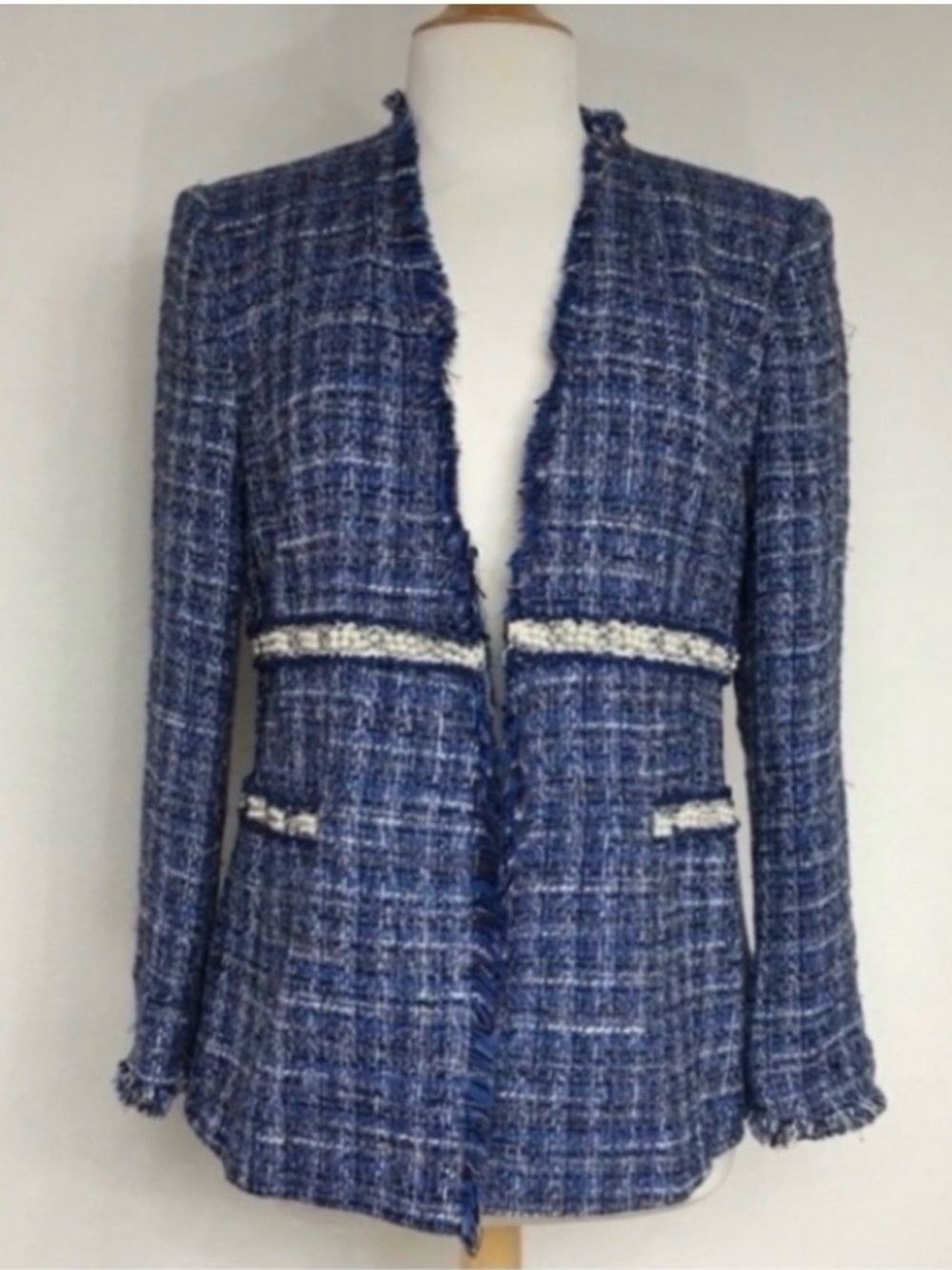 Zara Women's Blue Black Pearl Detail Tweed Fringe Open Blazer XL Classic Preppy